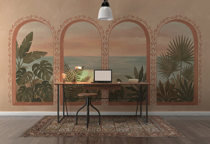 Coastal Landscape Wallpaper Arched Windows Mediterranean Wall Mural