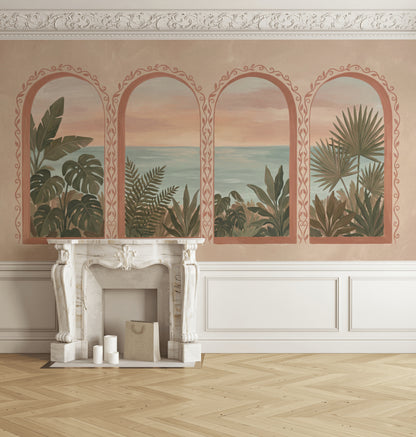 Coastal Landscape Wallpaper Arched Windows Mediterranean Wall Mural