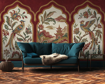 Chinoiserie Wallpaper Arched Panels Pagoda Removable Wall Decor