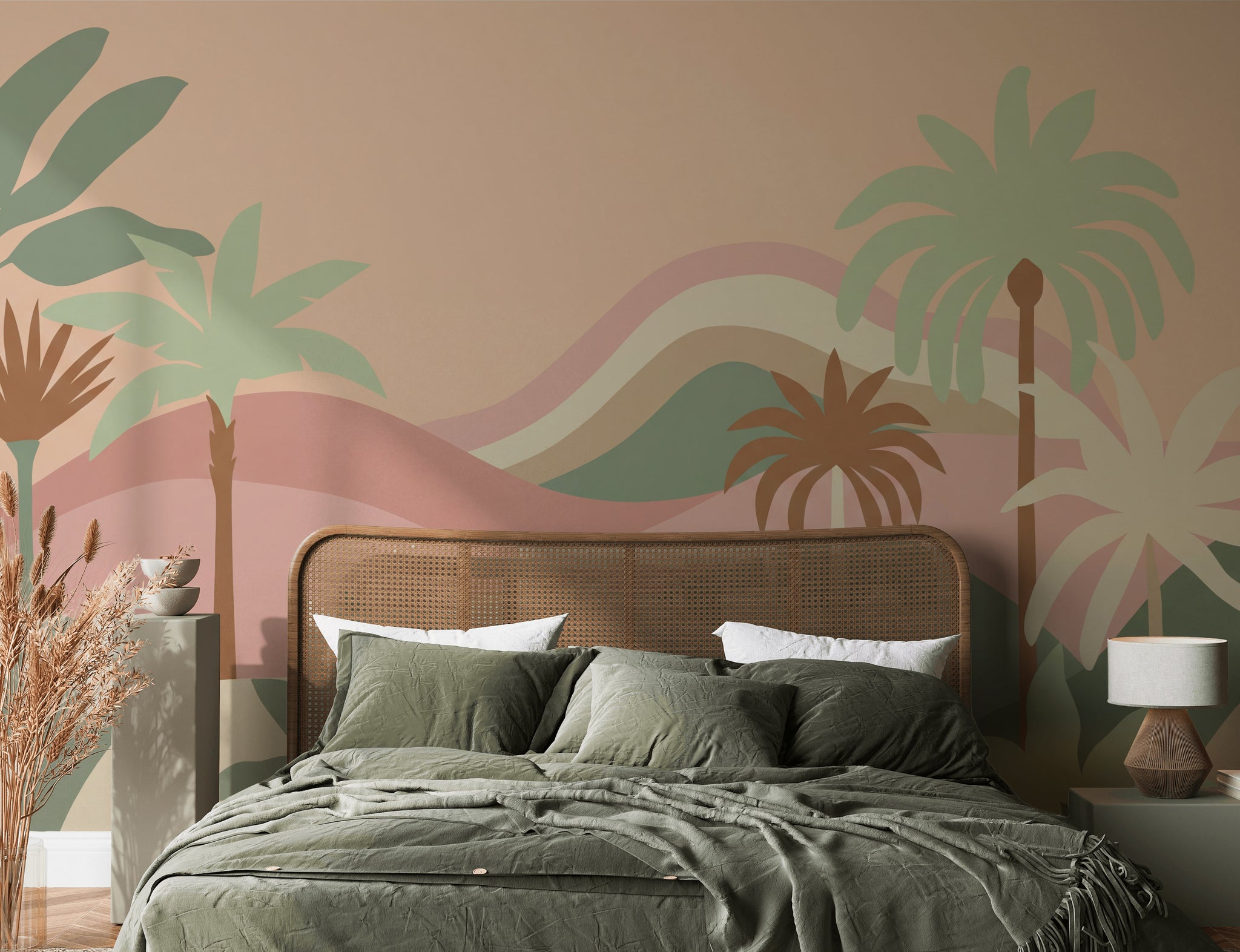 Pastel Tropical Wallpaper Palm Trees Layered Hills Removable Wall Decor
