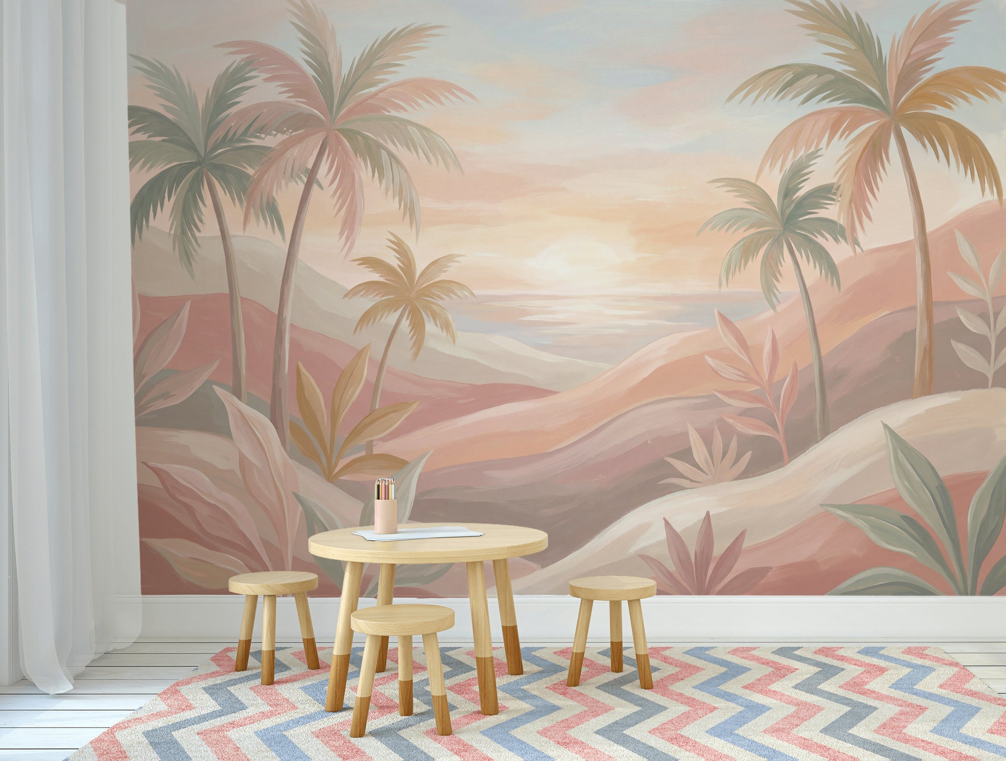 Pastel Tropical Landscape Wallpaper Palm Trees Sunset Sky Wall Mural