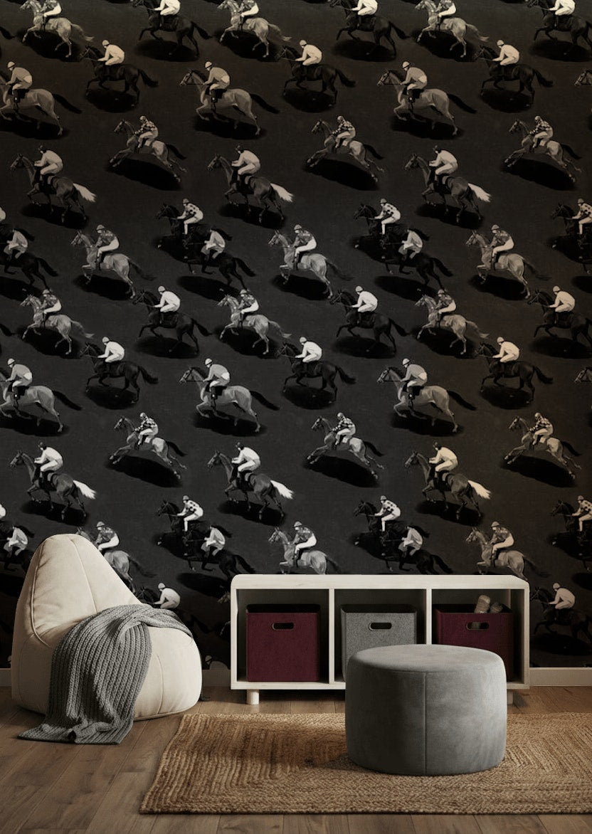 Horse Racing Wallpaper Monochrome Repeating Pattern Decorative Mural