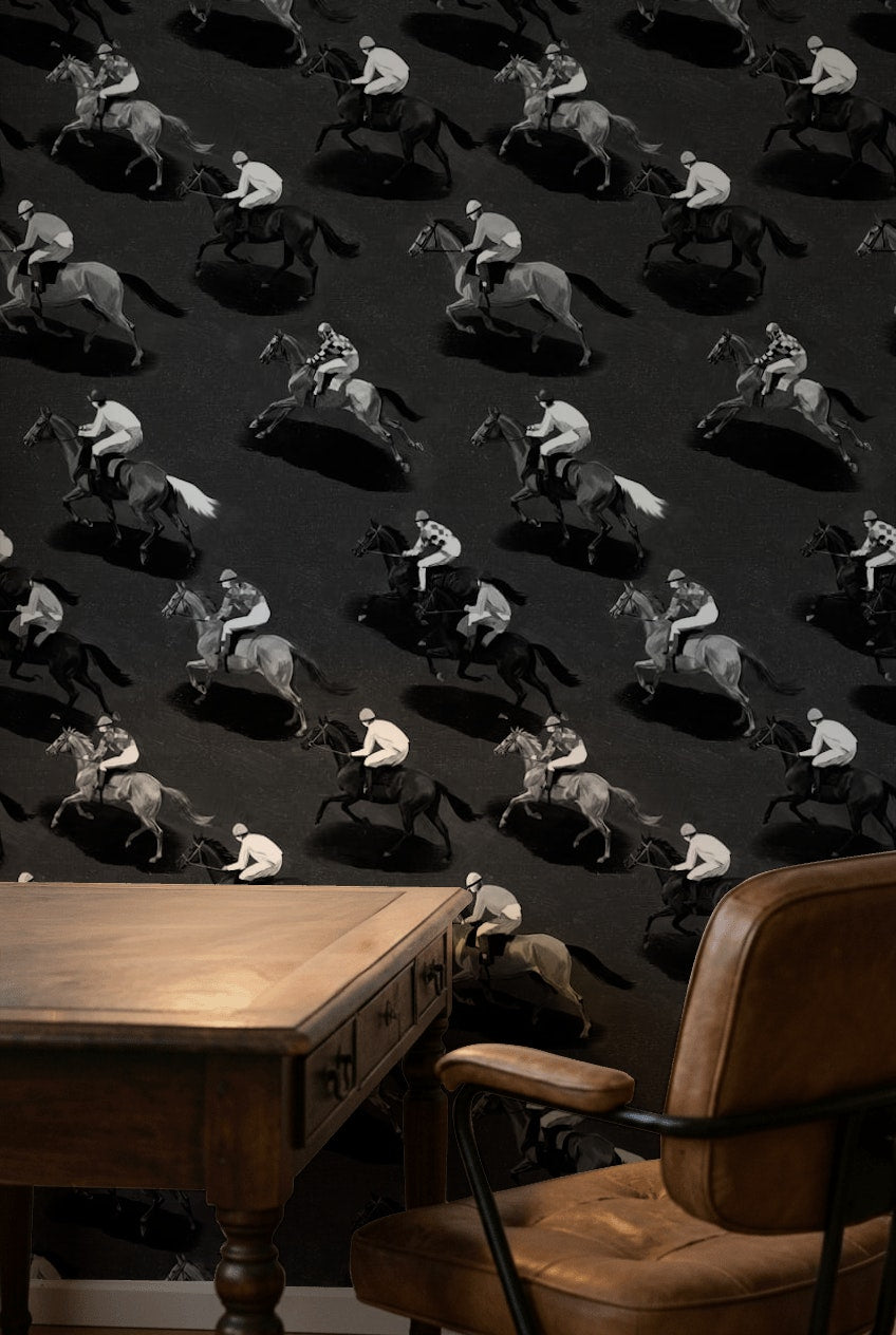 Horse Racing Wallpaper Monochrome Repeating Pattern Decorative Mural