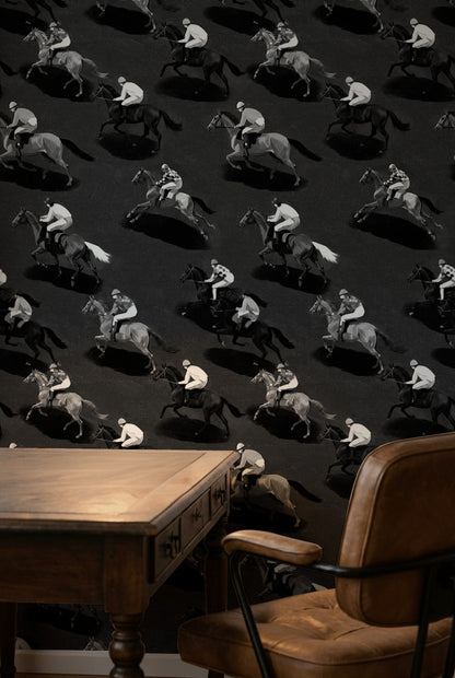 Horse Racing Wallpaper Monochrome Repeating Pattern Decorative Mural