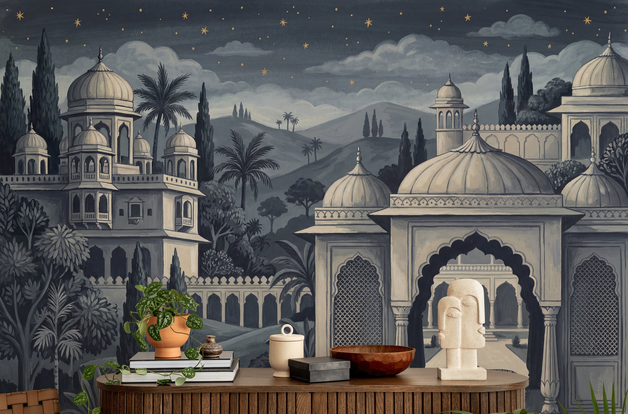 Dark Night Palace Wallpaper Mughal Architecture Vintage Toile Mural Wall Mural