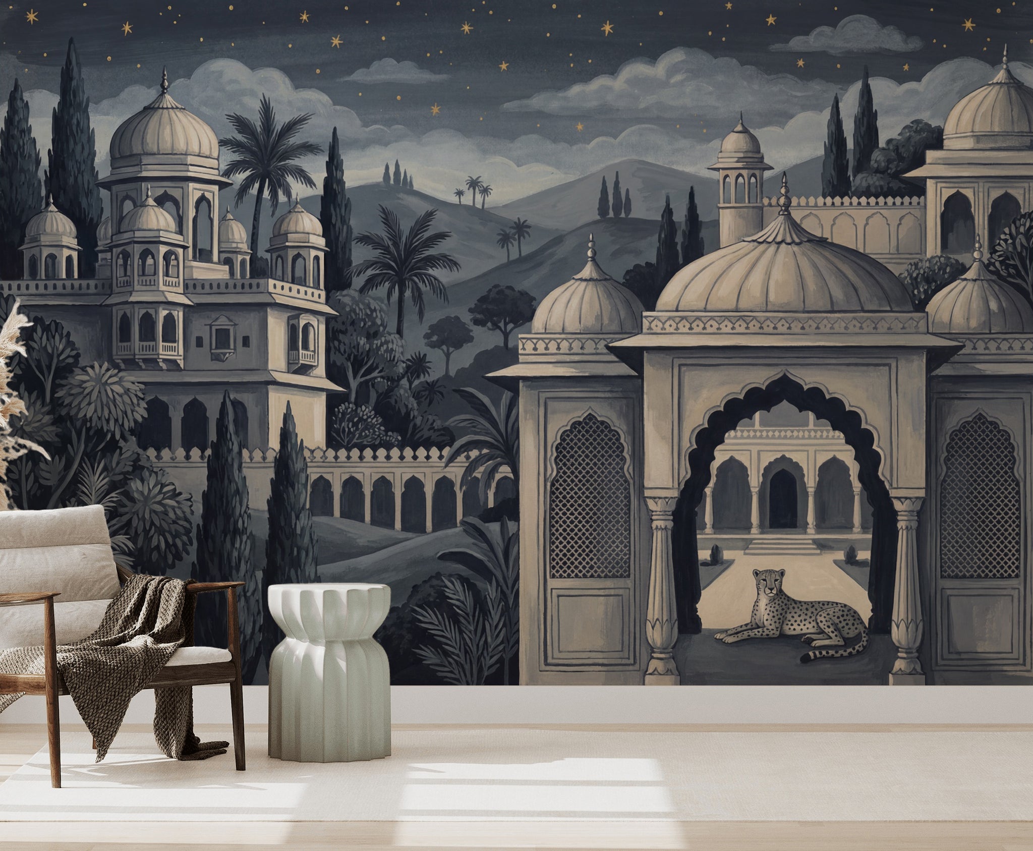 Dark Night Palace Wallpaper Mughal Architecture Vintage Toile Mural Wall Mural