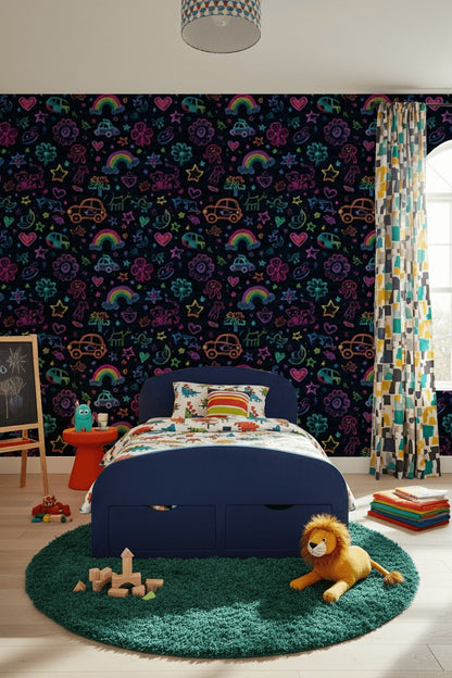 Dark Chalkboard Wallpaper Neon Doodles Kids Drawing Decorative Mural