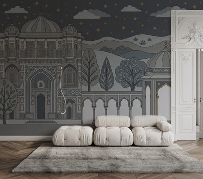 Mughal Architecture Wallpaper Night Sky Gold Stars Removable Wall Decor