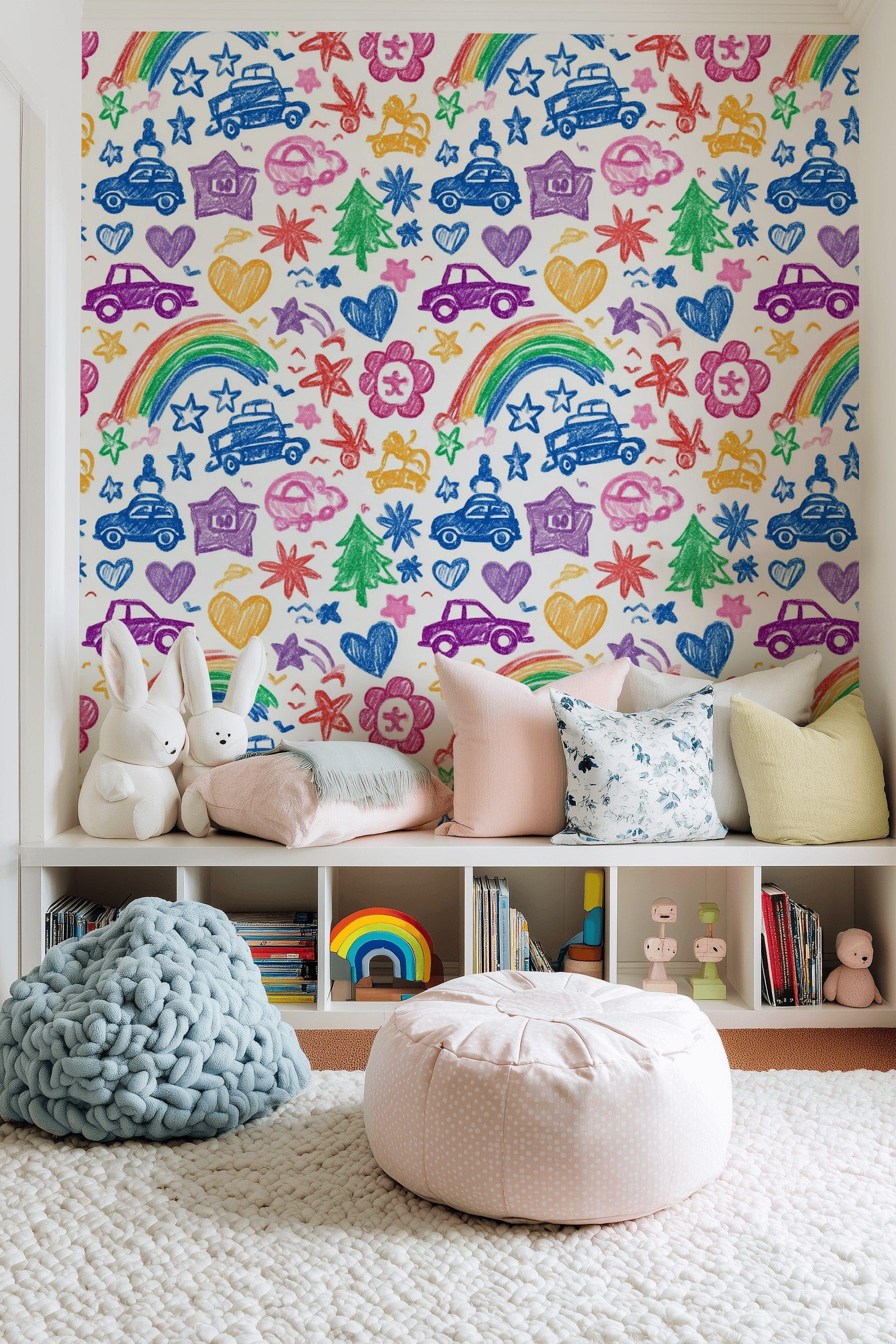 Kids Doodles Wallpaper Crayon Texture Cars Removable Wall Decor