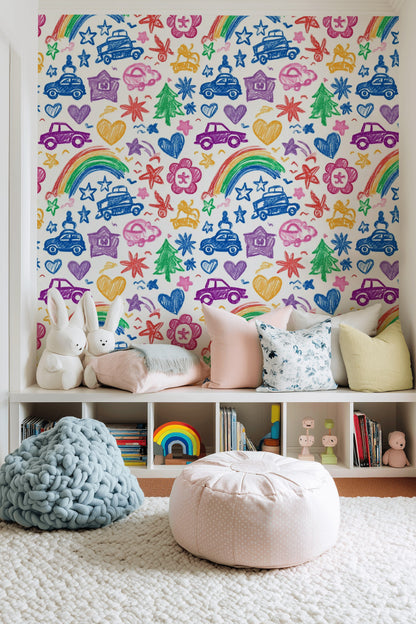 Kids Doodles Wallpaper Crayon Texture Cars Removable Wall Decor