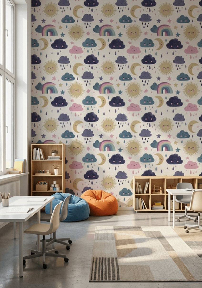 Nursery Wallpaper Cute Clouds Removable Sun And Moon Wall Art