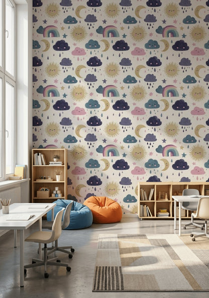 Nursery Wallpaper Cute Clouds Removable Sun And Moon Wall Art
