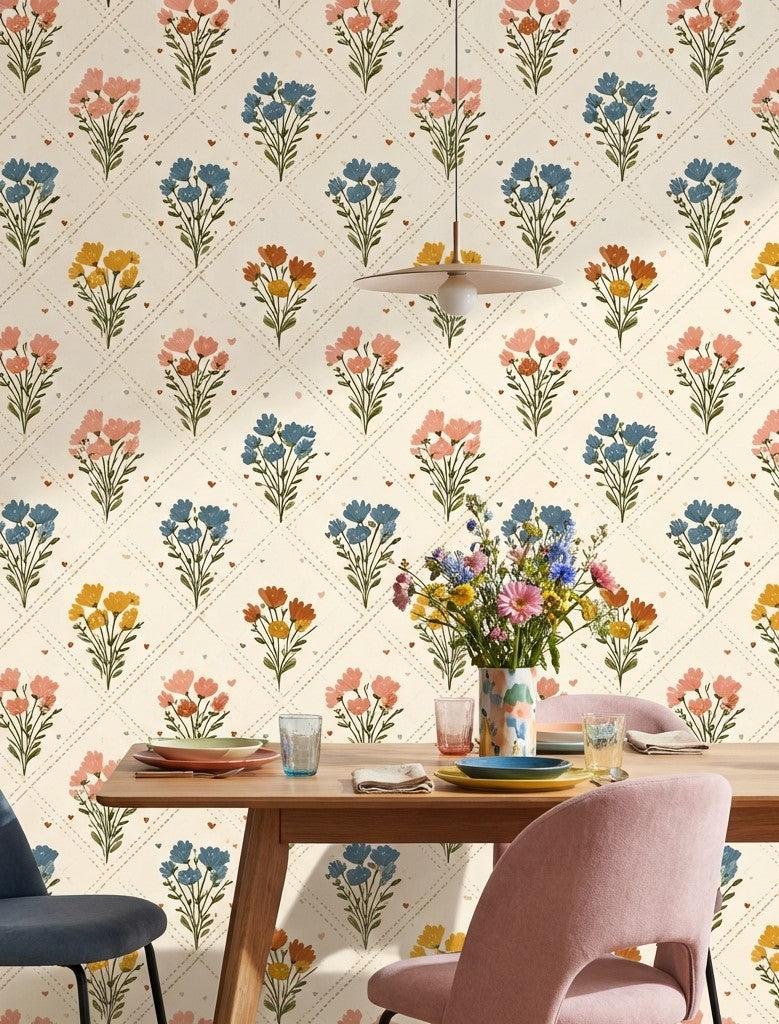 Floral Bouquets Wallpaper Wildflowers Removable Cream Background Wall Art