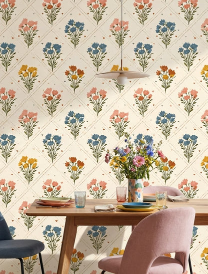Floral Bouquets Wallpaper Wildflowers Removable Cream Background Wall Art