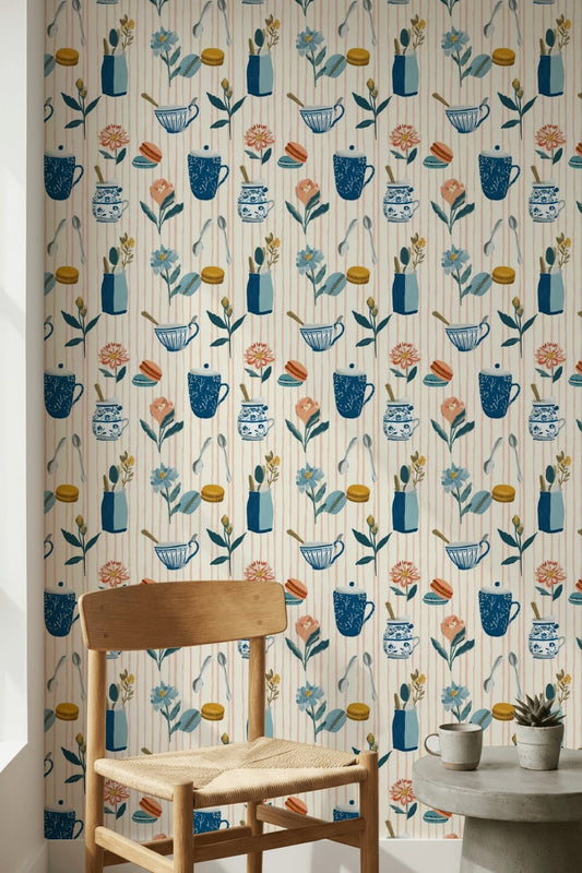 Tea Time Wallpaper Kitchenware Blue And White Ceramics Decorative Mural