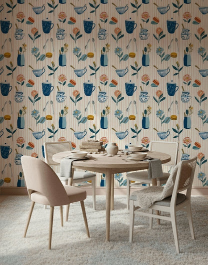 Tea Time Wallpaper Kitchenware Blue And White Ceramics Decorative Mural