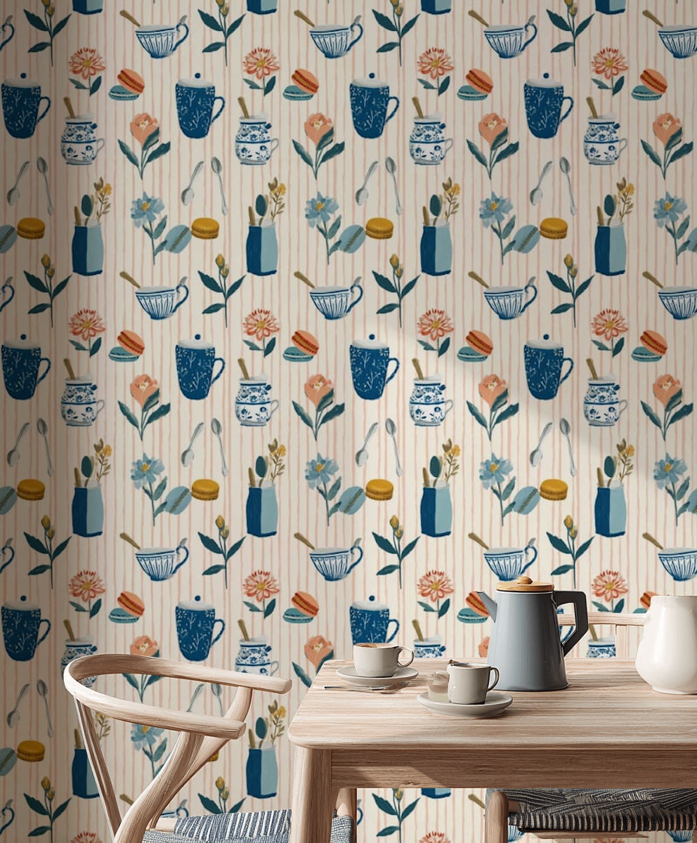Tea Time Wallpaper Kitchenware Blue And White Ceramics Decorative Mural