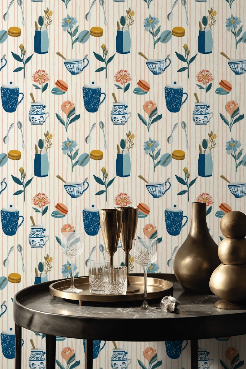 Tea Time Wallpaper Kitchenware Blue And White Ceramics Decorative Mural