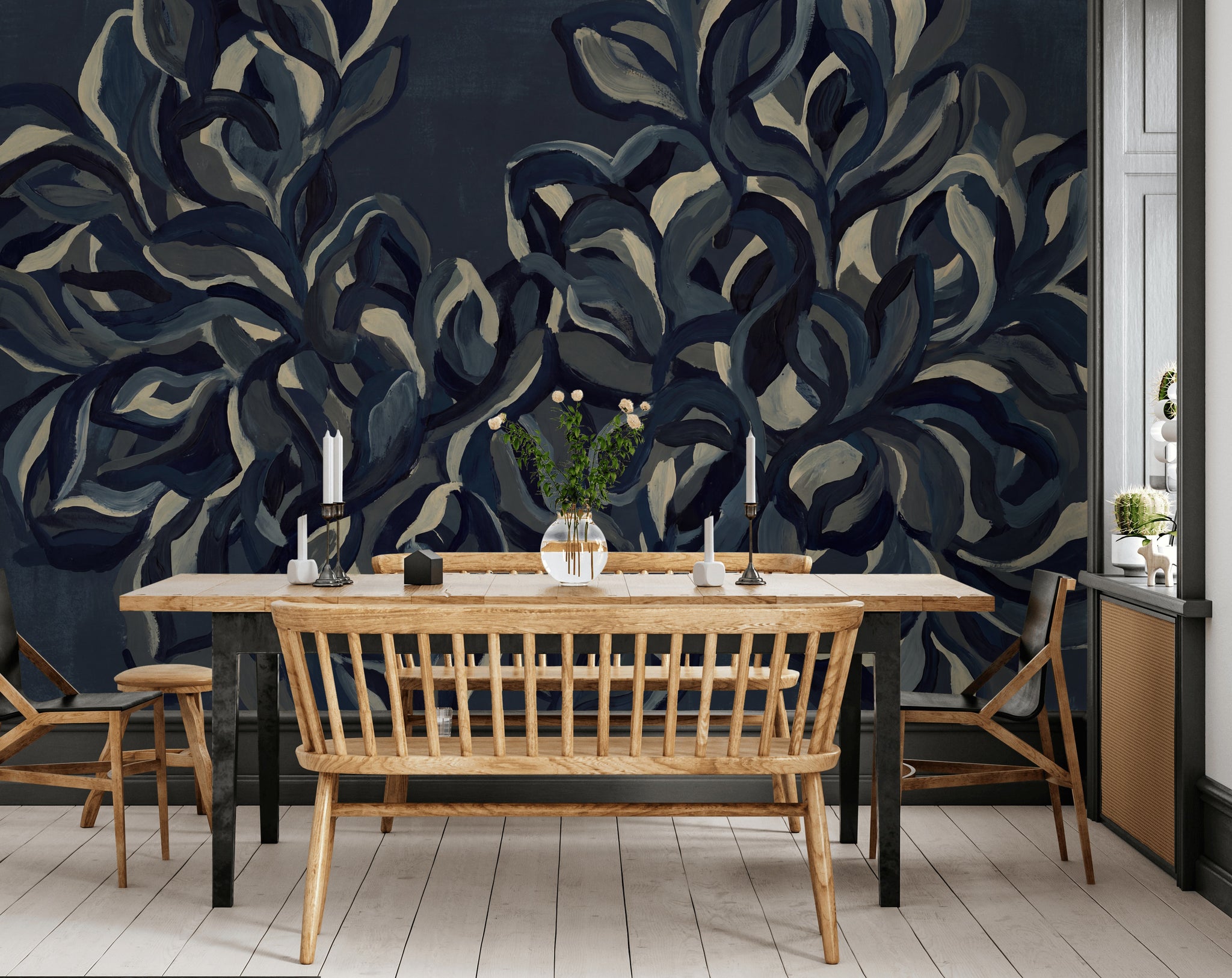 Abstract Wallpaper Floral Navy Wall Mural