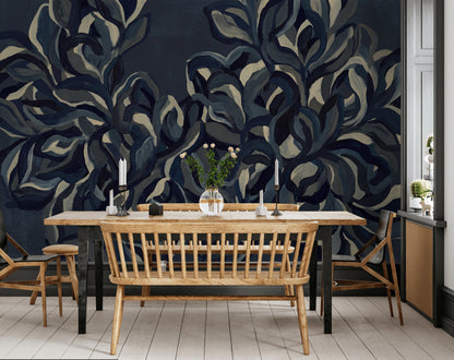 Abstract Wallpaper Floral Navy Wall Mural