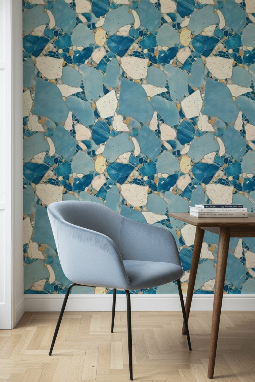 Blue Terrazzo Wallpaper Marble Look Stone Mosaic Decorative Mural