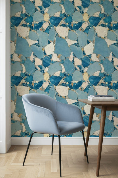 Blue Terrazzo Wallpaper Marble Look Stone Mosaic Decorative Mural