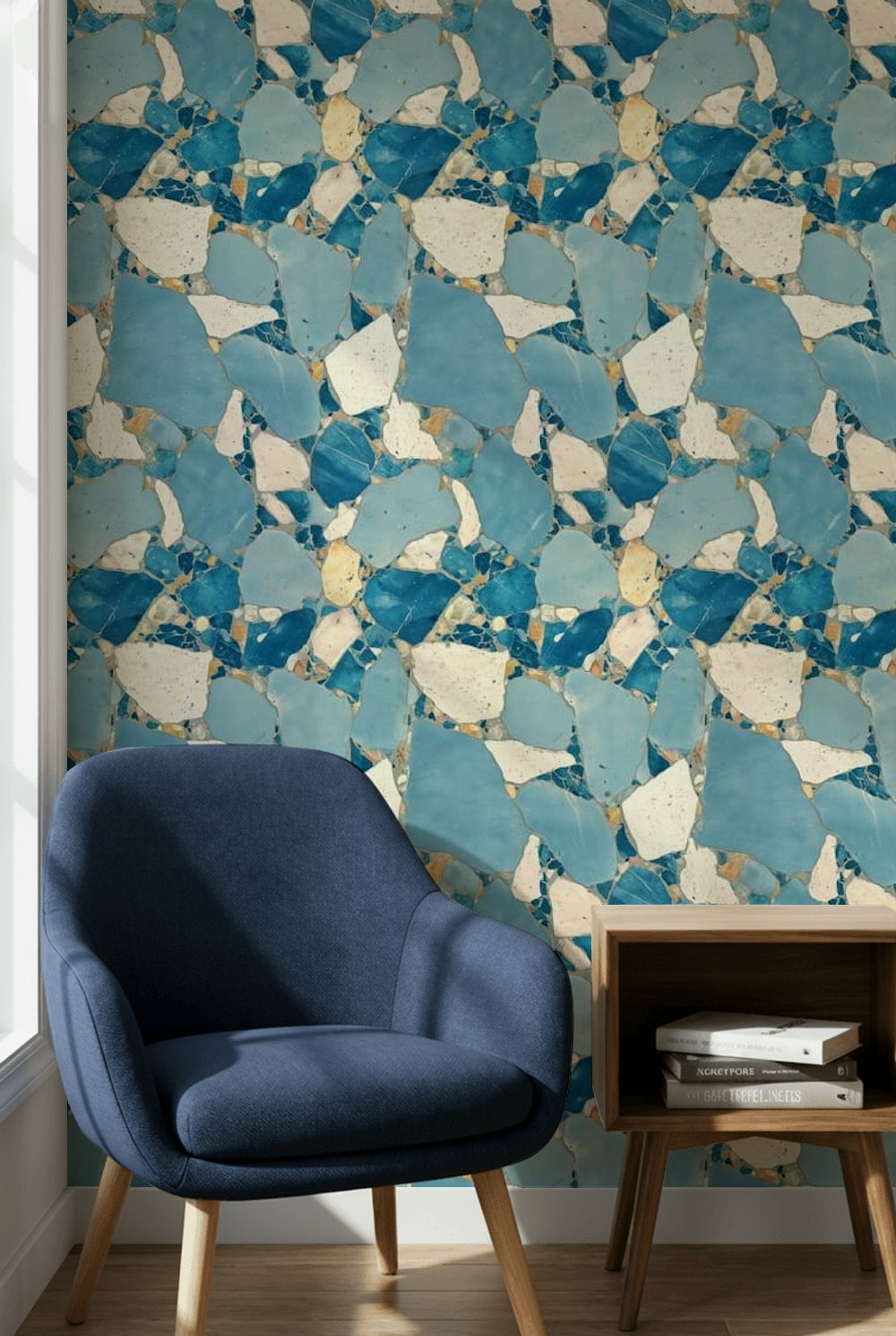 Blue Terrazzo Wallpaper Marble Look Stone Mosaic Decorative Mural
