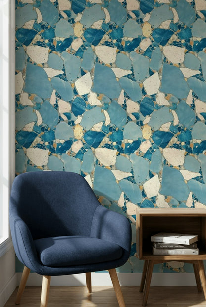 Blue Terrazzo Wallpaper Marble Look Stone Mosaic Decorative Mural