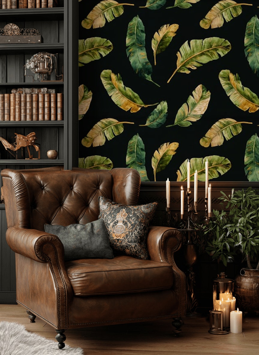Banana Leaves Wallpaper Black Background Green And Gold Decorative Mural