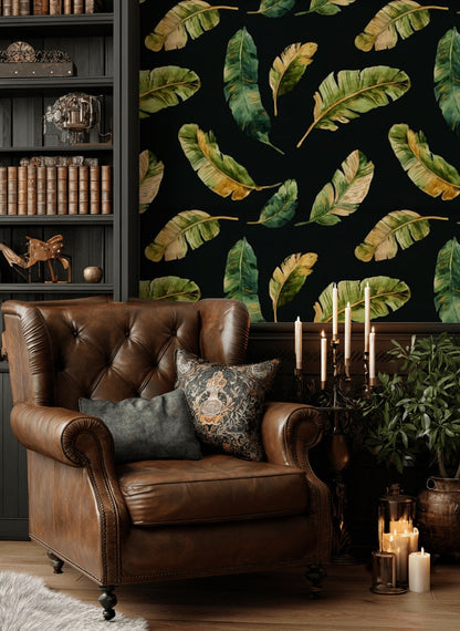 Banana Leaves Wallpaper Black Background Green And Gold Decorative Mural