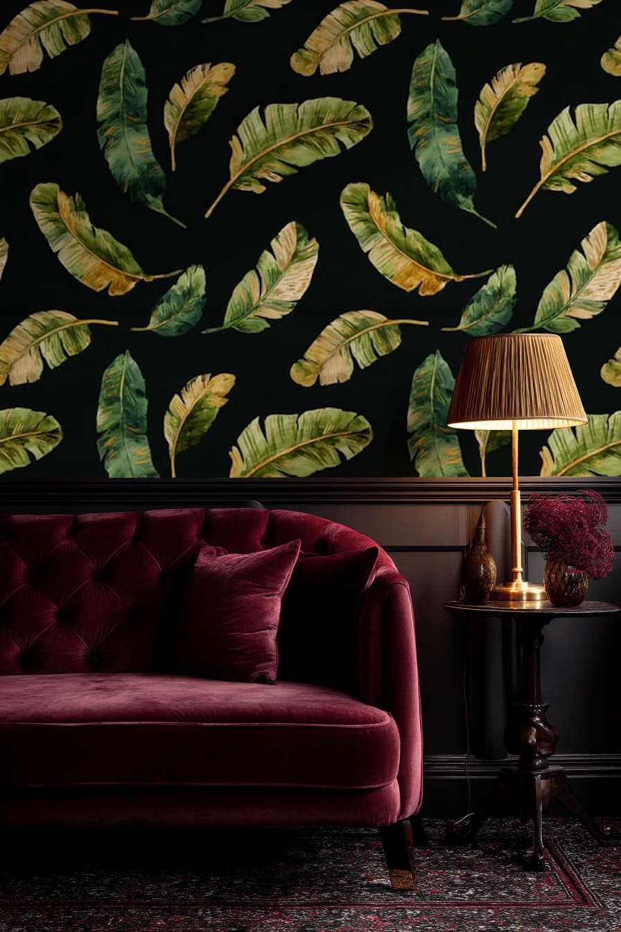 Banana Leaves Wallpaper Black Background Green And Gold Decorative Mural