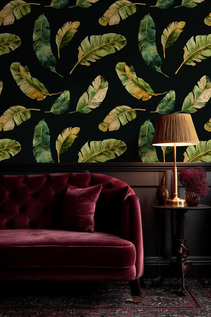 Banana Leaves Wallpaper Black Background Green And Gold Decorative Mural