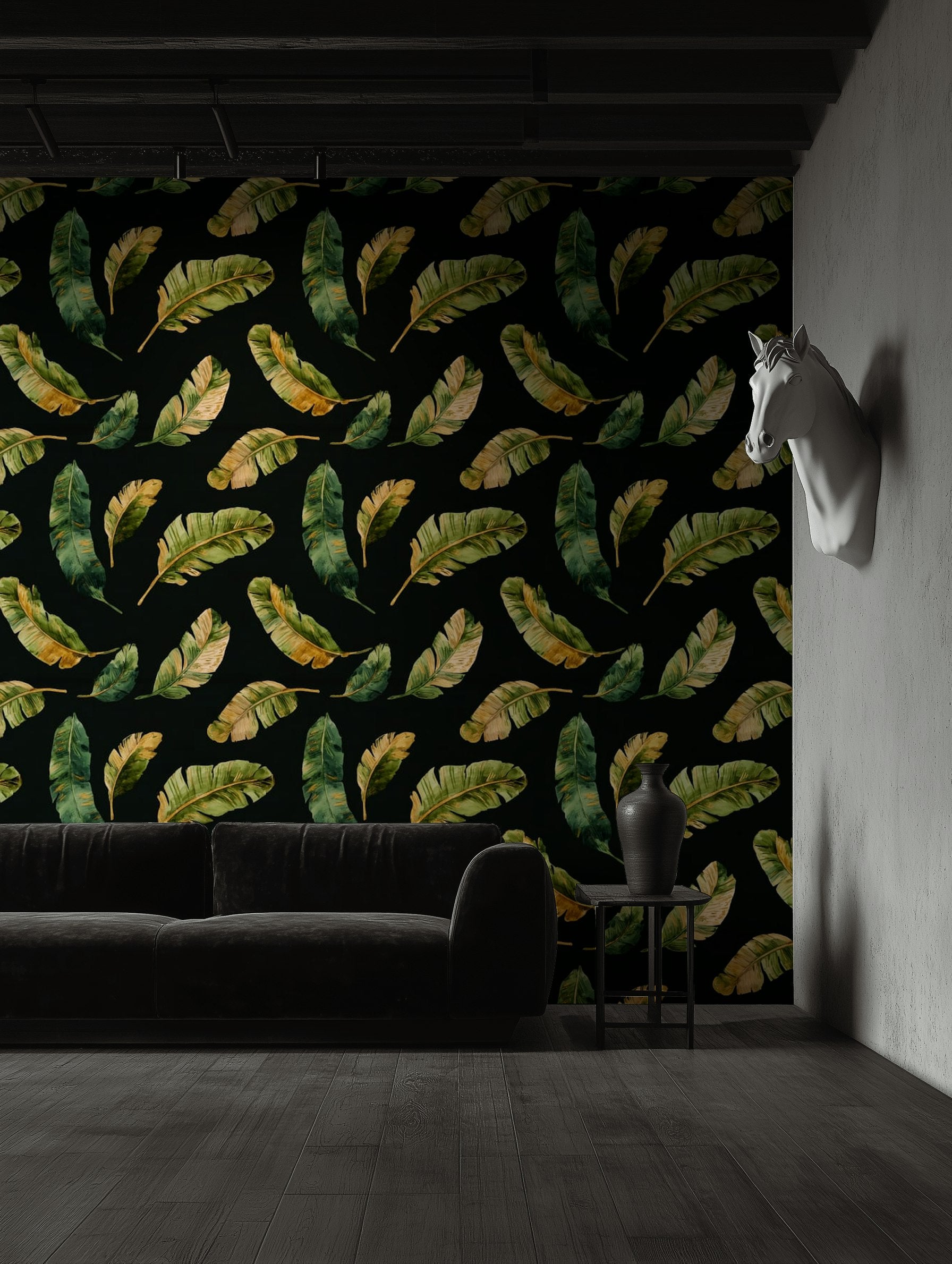Banana Leaves Wallpaper Black Background Green And Gold Decorative Mural