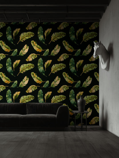 Banana Leaves Wallpaper Black Background Green And Gold Decorative Mural