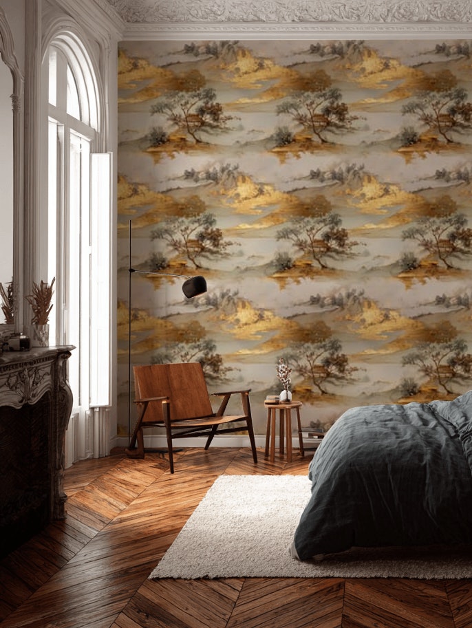 Misty Mountains Wallpaper Watercolor Wash Gold Foil Decorative Mural