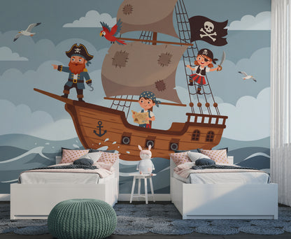 Pirate Ship Wallpaper Ocean Waves Cartoon Illustration Wall Mural
