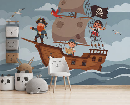 Pirate Ship Wallpaper Ocean Waves Cartoon Illustration Wall Mural