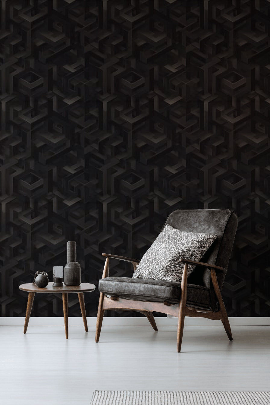 Isometric Wallpaper Geometric Dark Decorative Mural