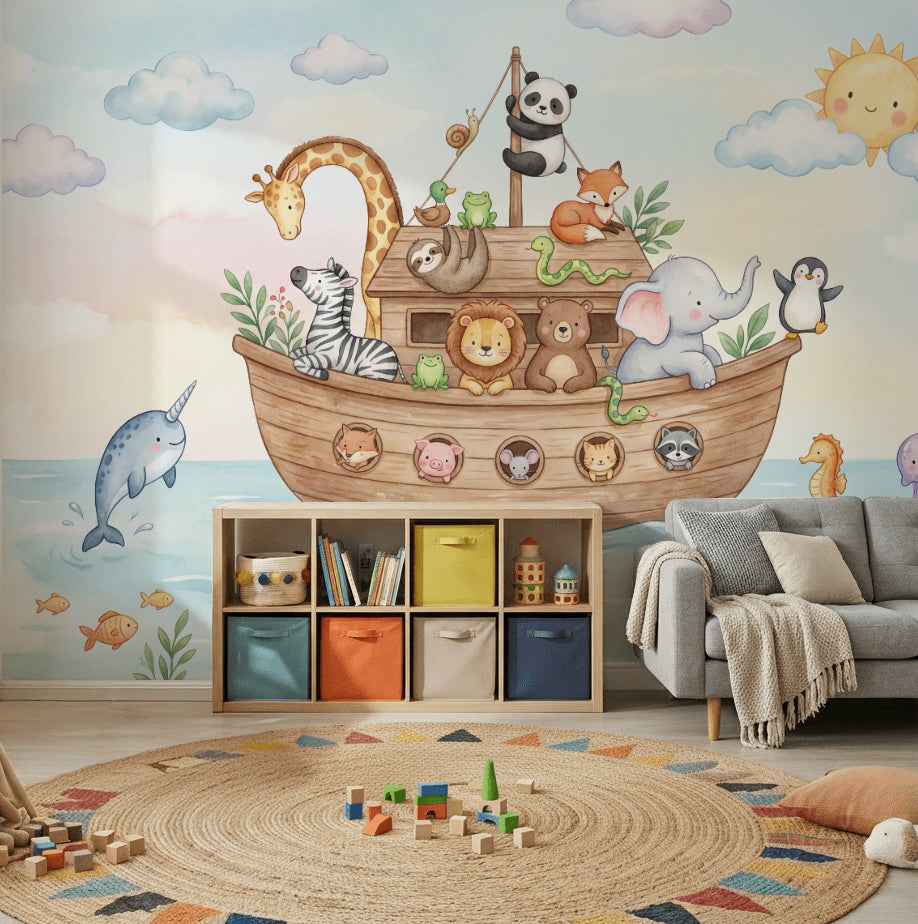 Whimsical Animals Wallpaper Cartoon Boat Wall Mural