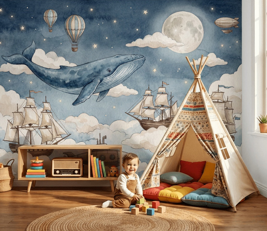Starry Night Wallpaper Whale Balloon Wall Mural