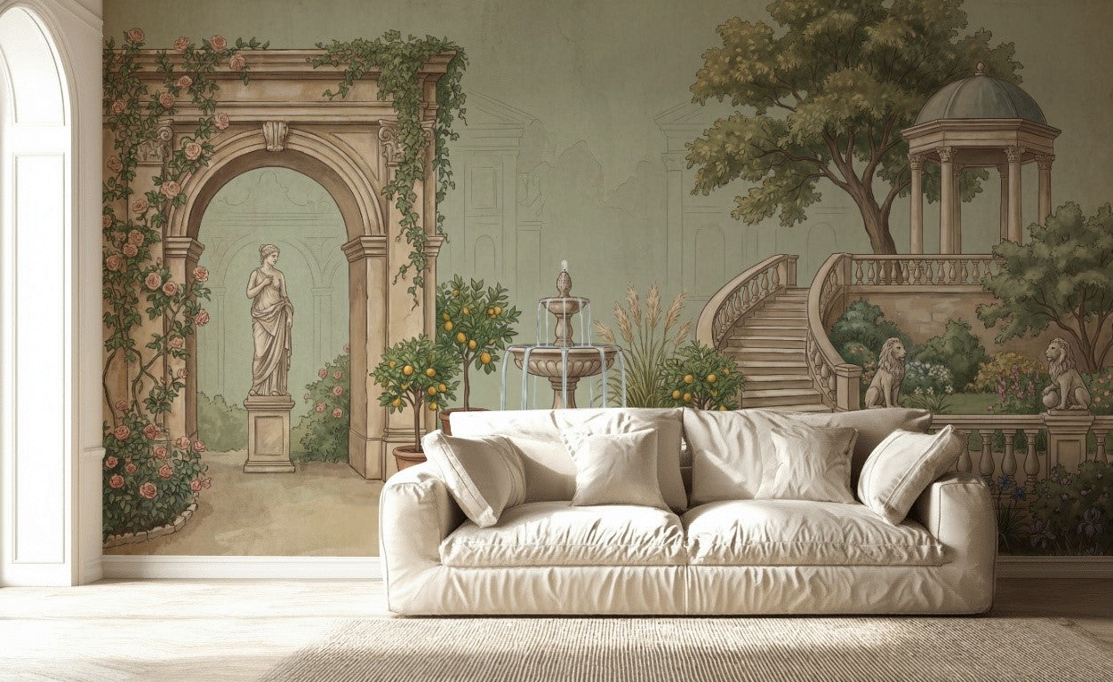 Muted Green Wallpaper Garden Removable Architecture Wall Decor