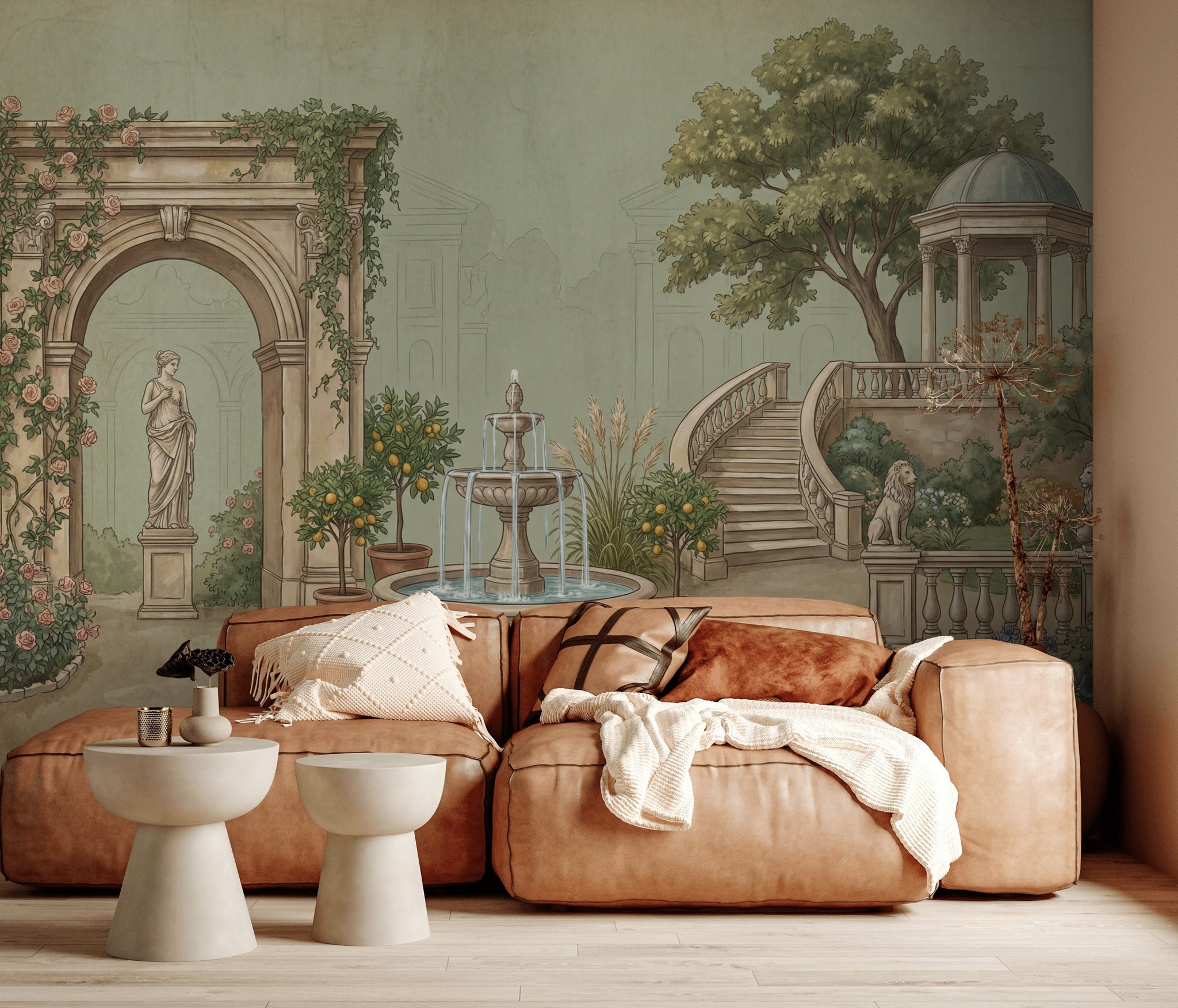 Muted Green Wallpaper Garden Removable Architecture Wall Decor
