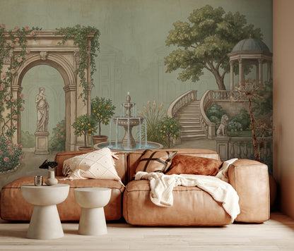 Muted Green Wallpaper Garden Removable Architecture Wall Decor