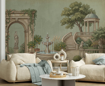 Muted Green Wallpaper Garden Removable Architecture Wall Decor