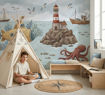 Cloudy Sky Wallpaper Blue Nautical Wall Mural