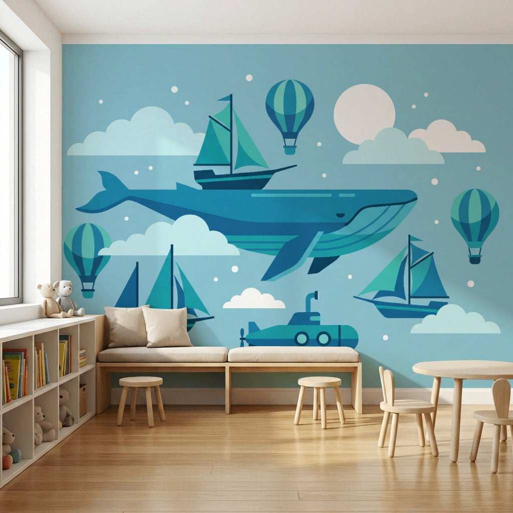 Whale Wallpaper Sailboats Submarine Wall Mural