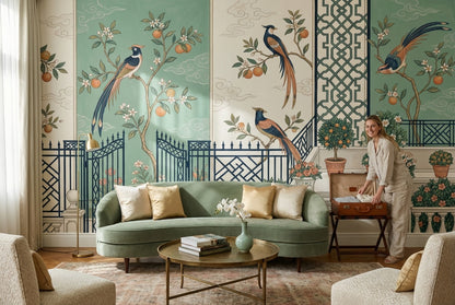 Courtyard Garden Wallpaper Birds Removable Citrus Trees Wall Decor