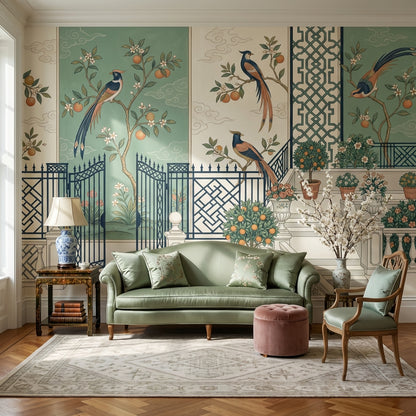 Courtyard Garden Wallpaper Birds Removable Citrus Trees Wall Decor