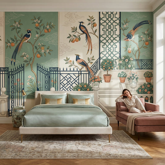 Courtyard Garden Wallpaper Birds Removable Citrus Trees Wall Decor