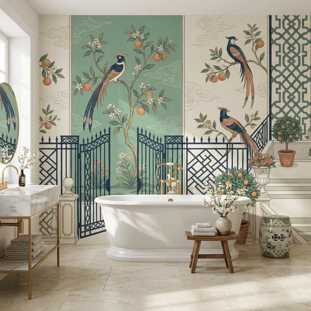 Courtyard Garden Wallpaper Birds Removable Citrus Trees Wall Decor